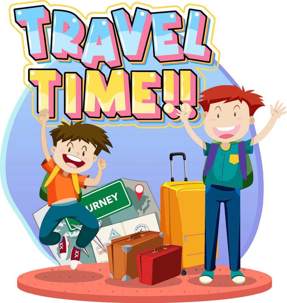 Travel time typography logo with travelers cartoon characters vector