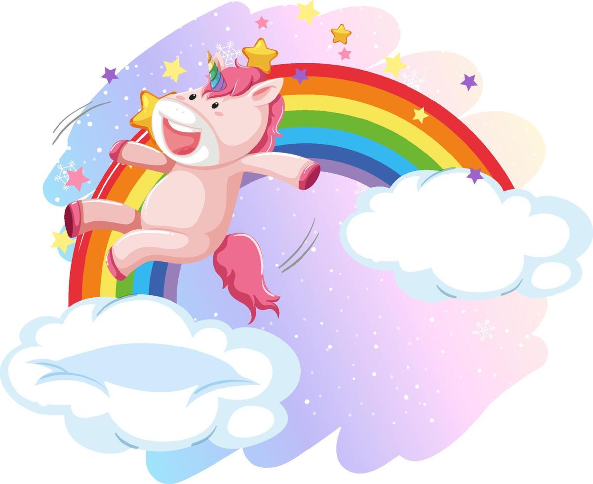 Pink unicorn jumping on a cloud with rainbow vector