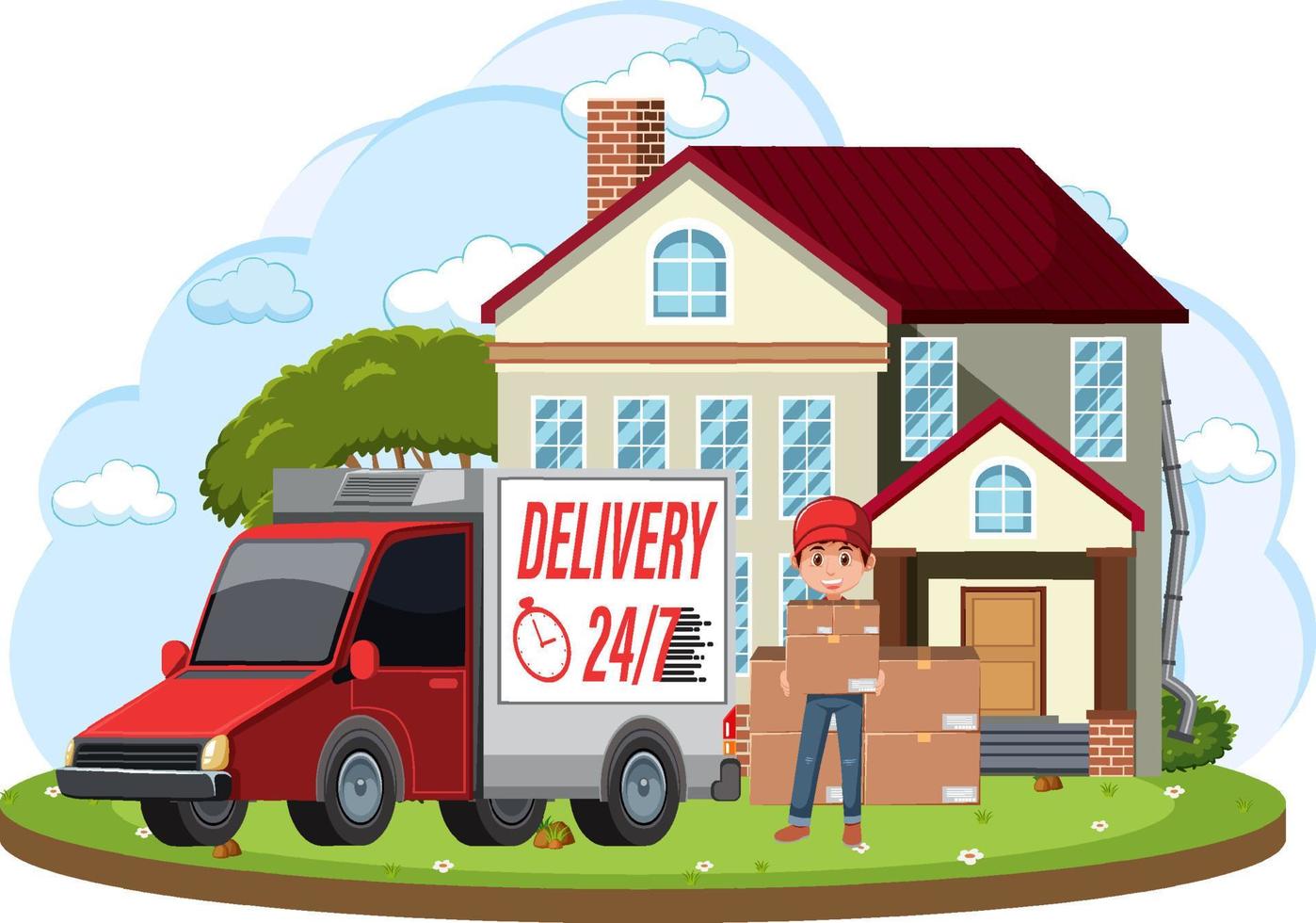 Courier delivering packages standing in front of house vector