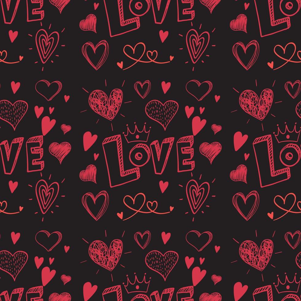Seamless doodle heart and love word pattern vector
