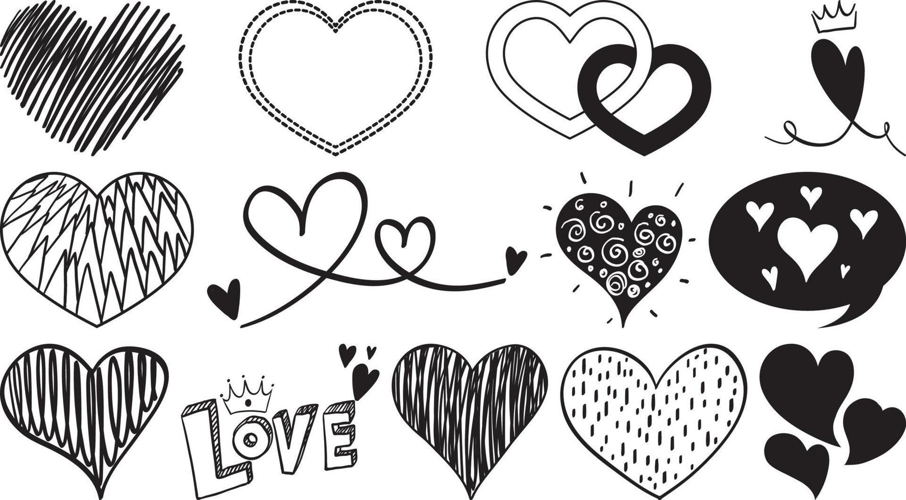 Black hand drawn hearts set vector