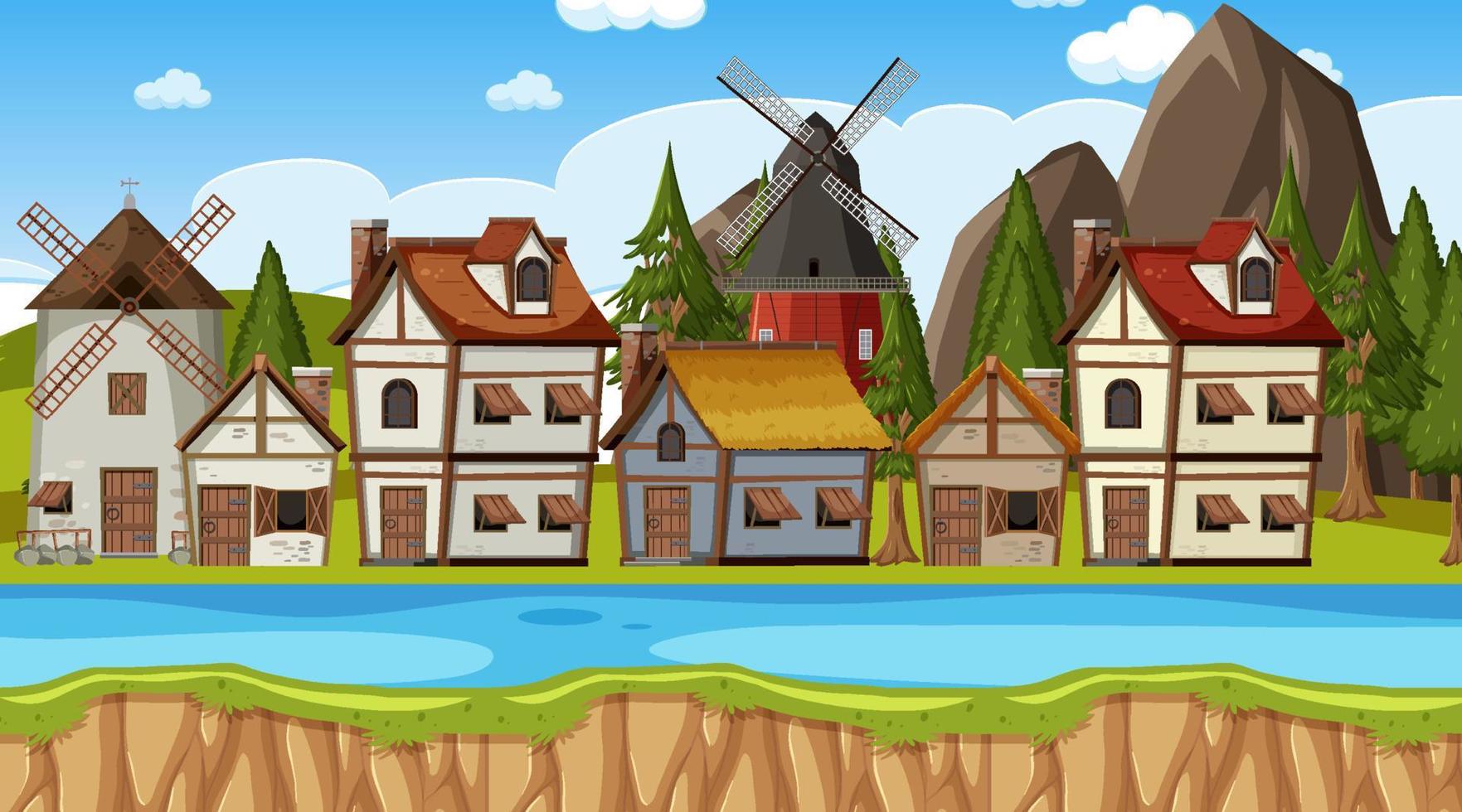 Medieval town scene with villagers vector