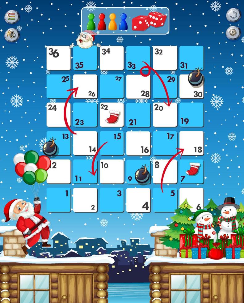 Snake and ladders game template in Christmas theme vector