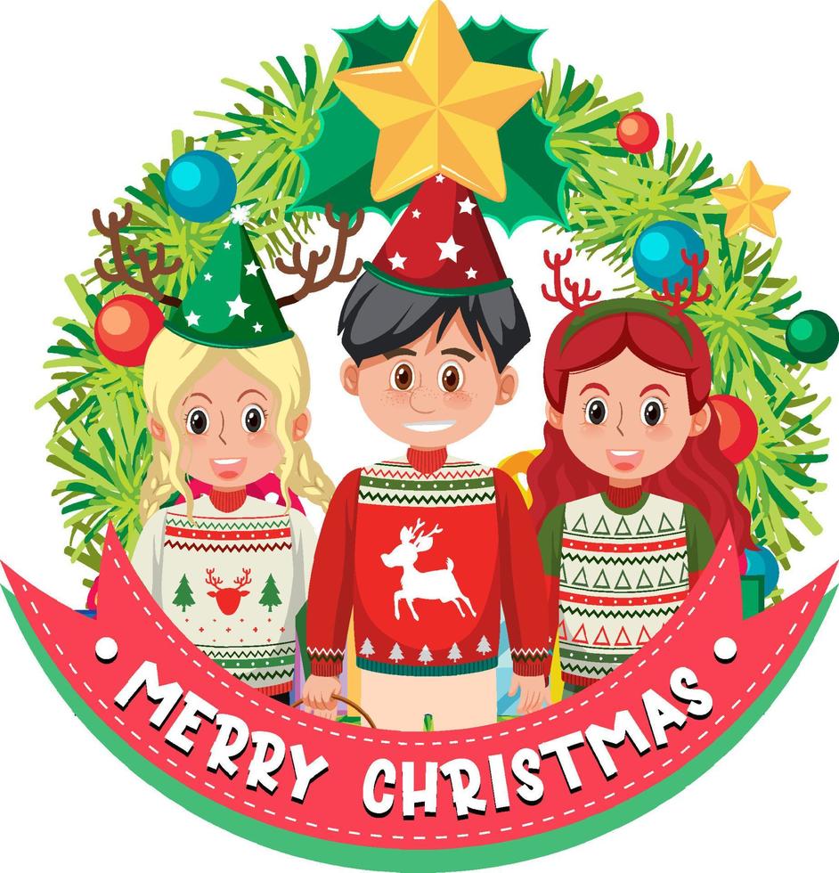 pancarta de corona navideña con personas vestidas con atuendos navideños vector