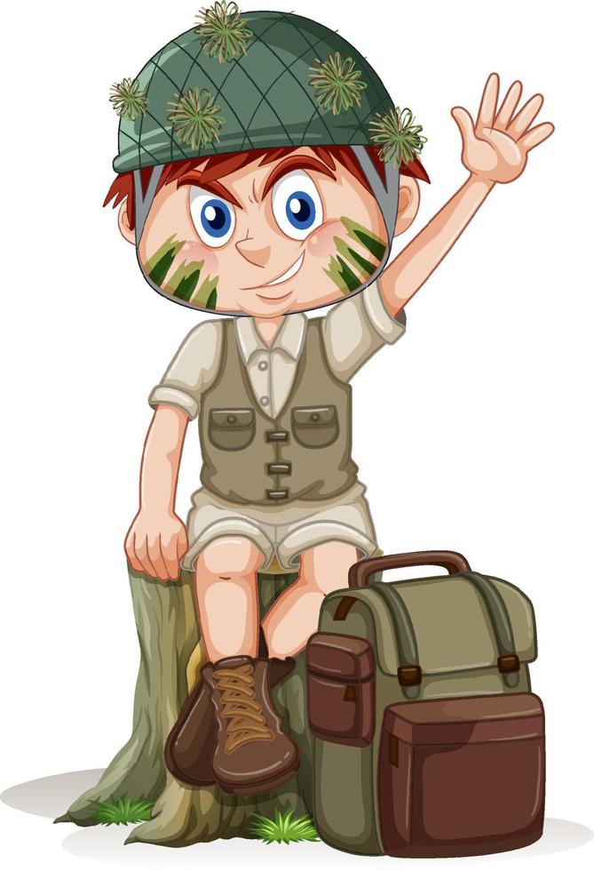 Little boy in camping outfit with backpack vector