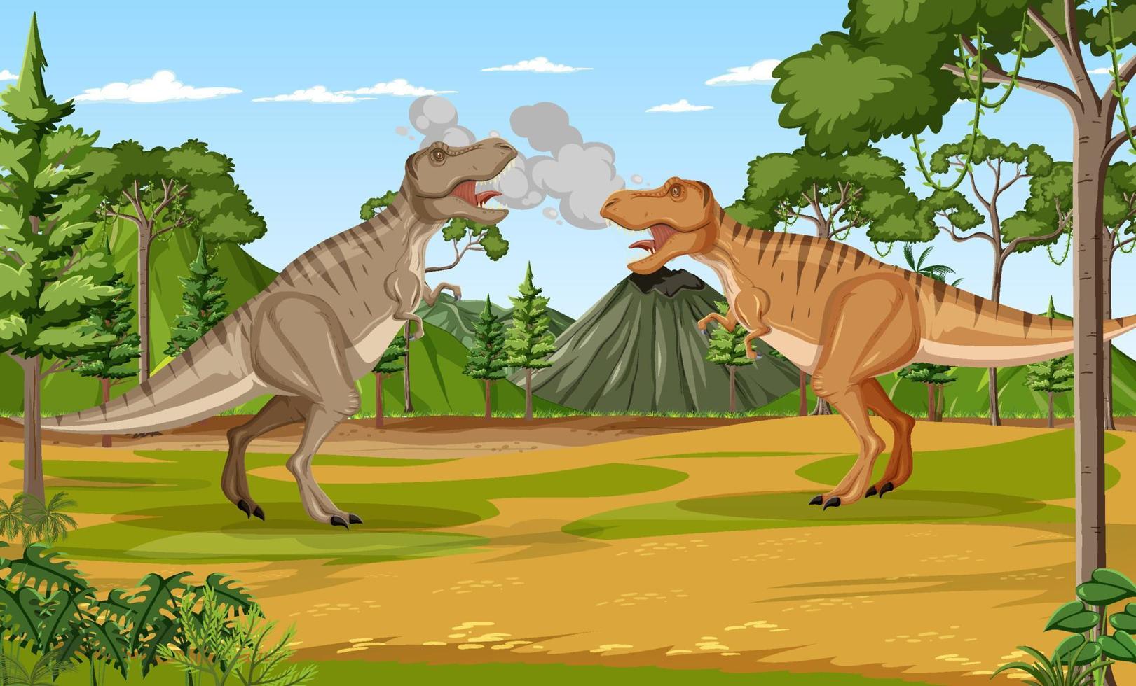 dinosaurio en la escena del bosque prehistórico vector