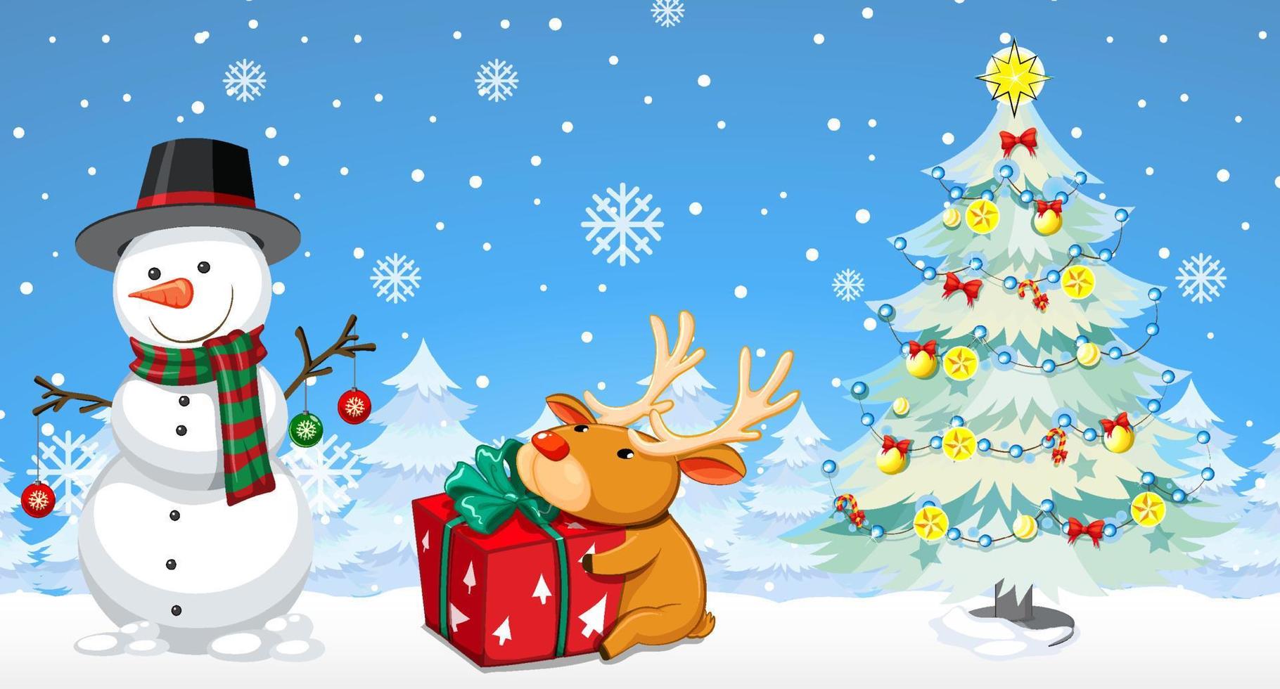 Christmas cartoon characters on snowy blue background vector