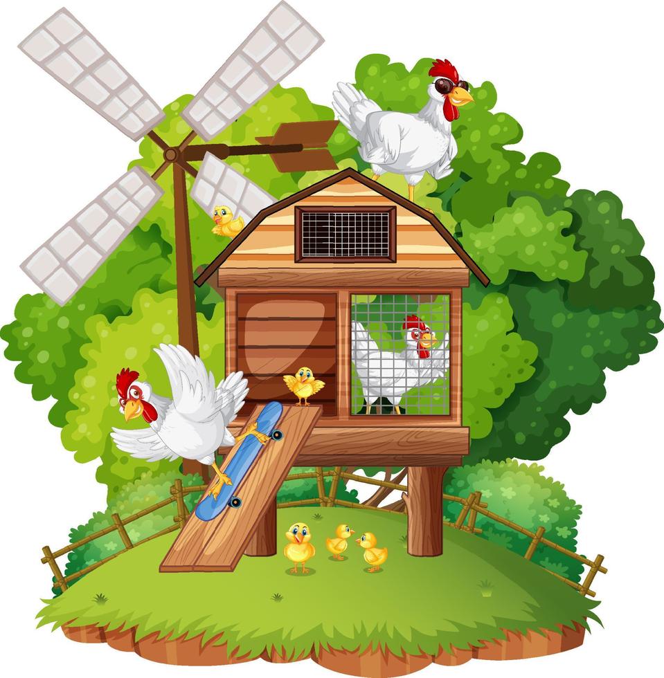 An isolated scene with a group of chickens in cartoon style vector