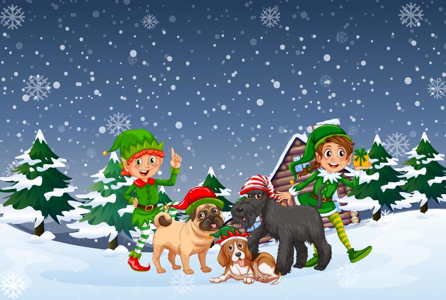 escena nocturna nevada con personajes de dibujos animados de navidad vector