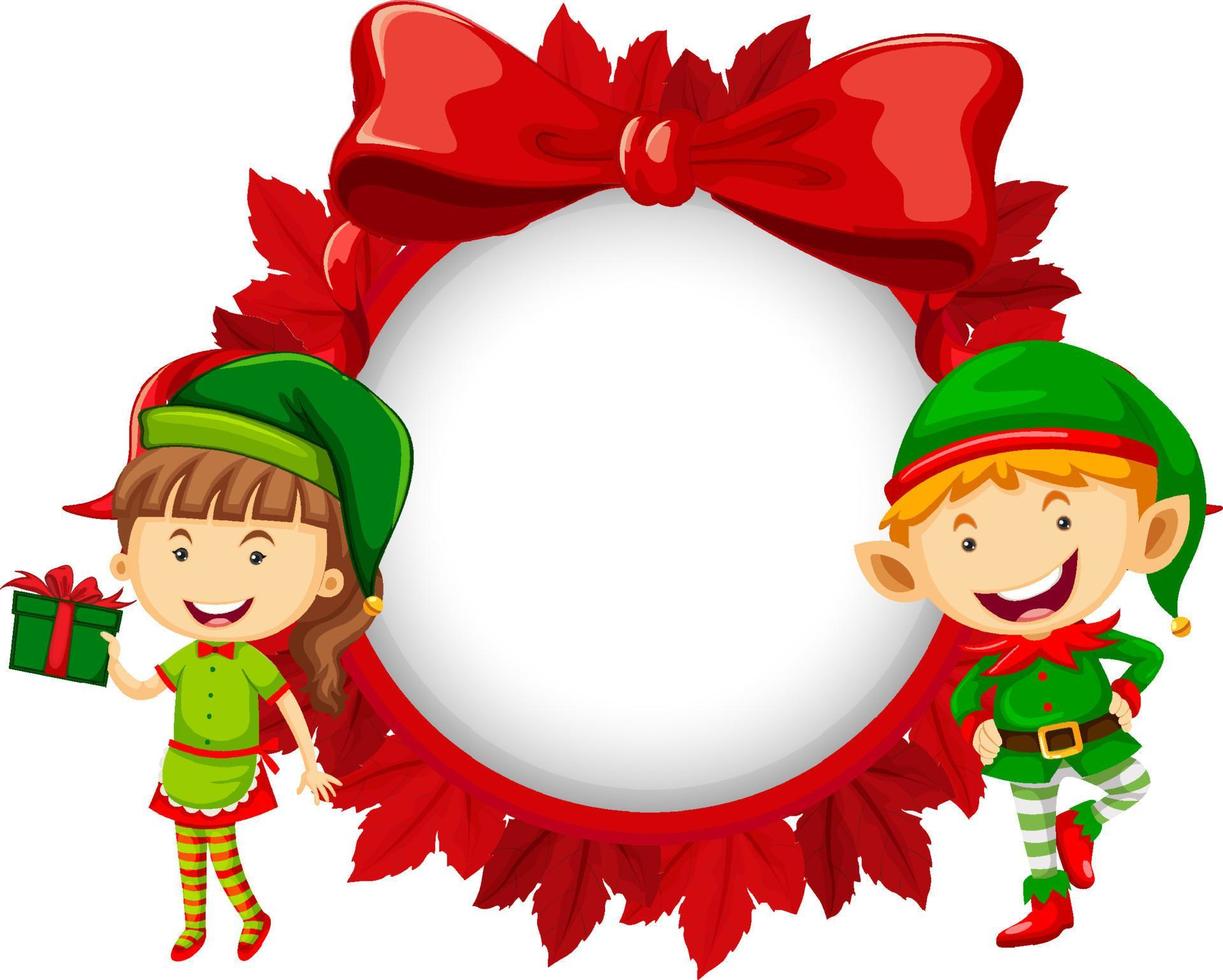 Empty banner in Christmas theme with elves cartoon character vector