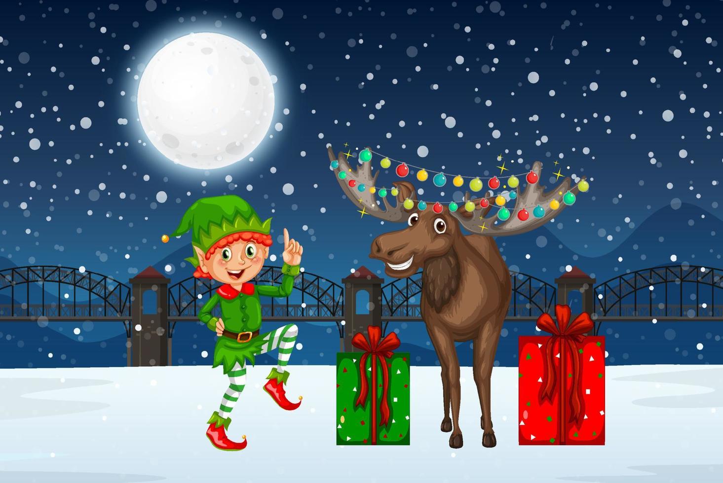 noche de invierno nevada con duende navideño y renos vector