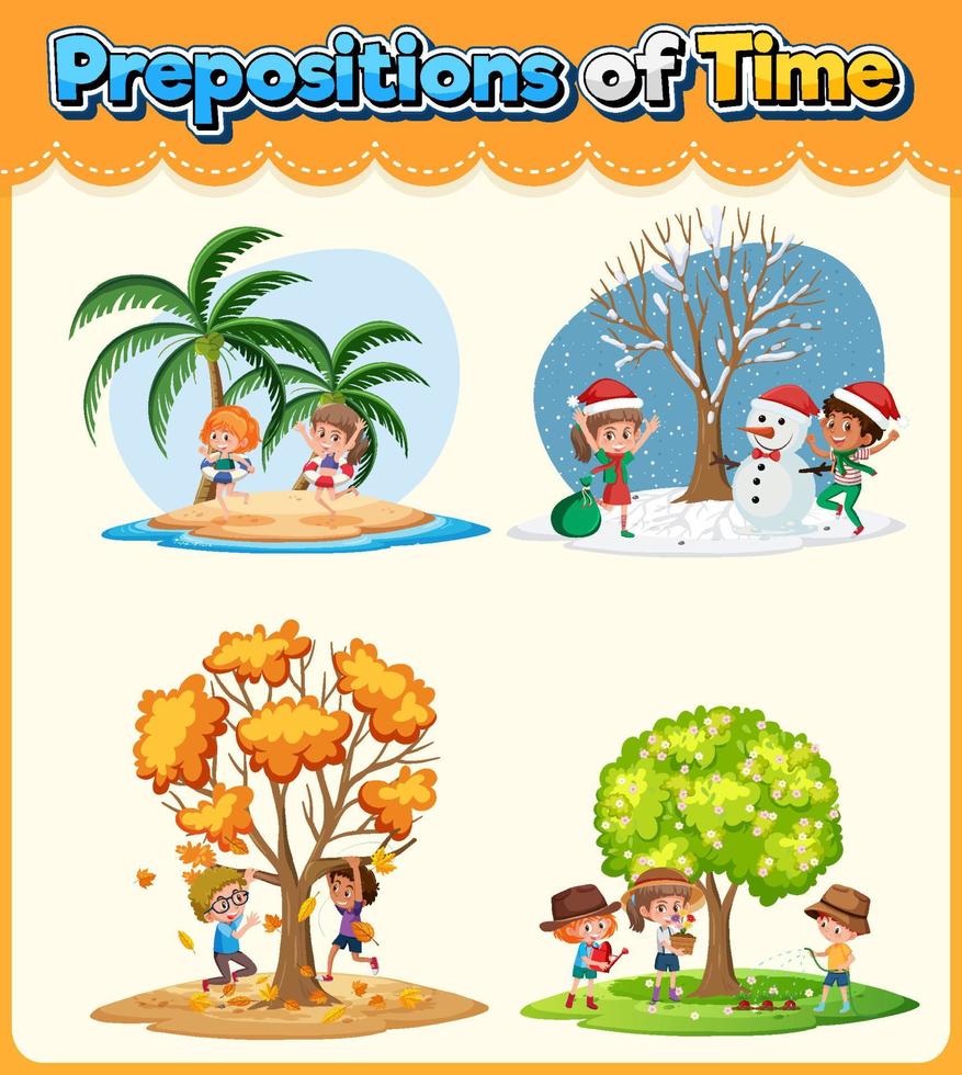 Prepostion wordcard design with four seasons vector