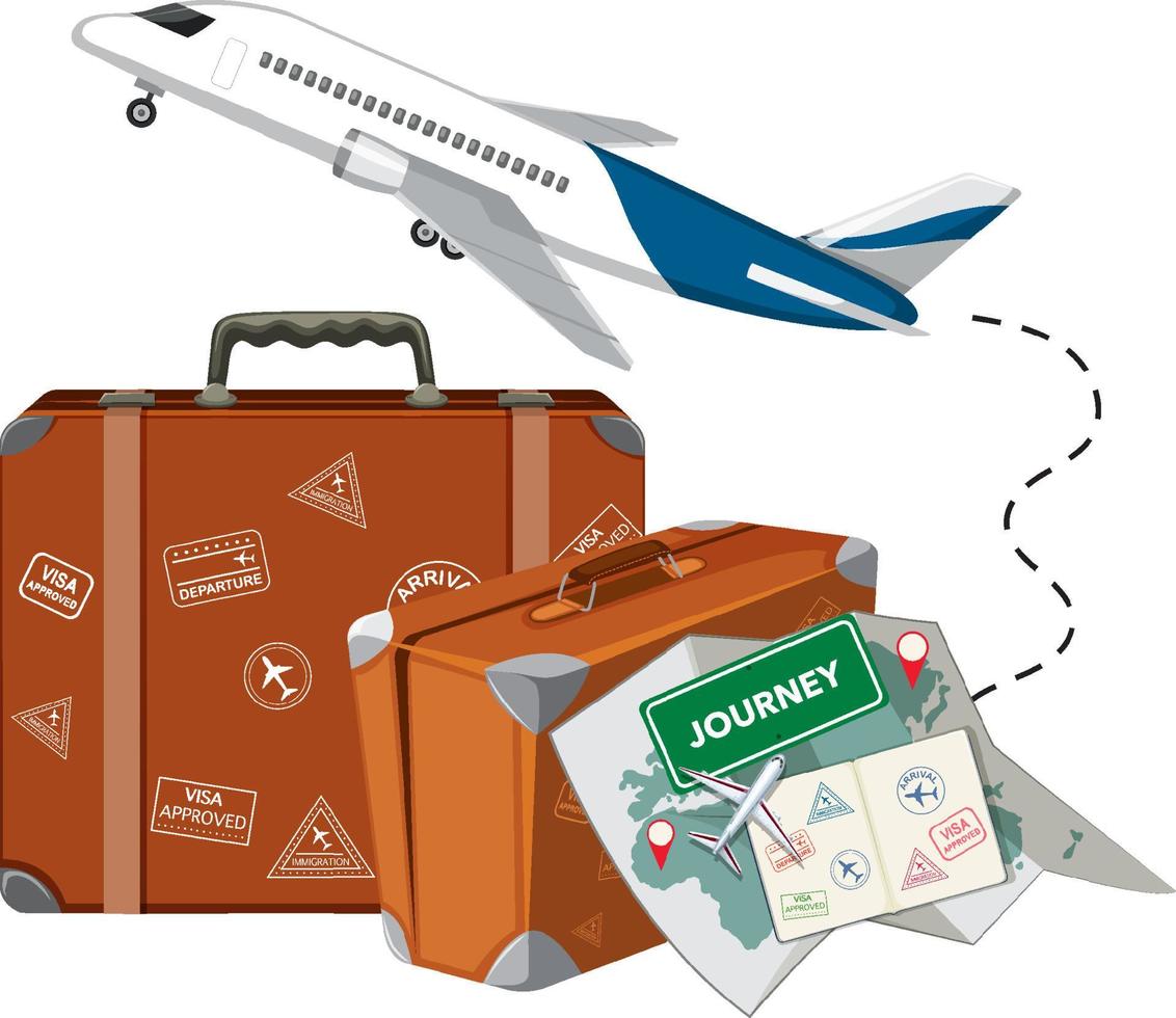 Travelling objects with airplane on white background vector