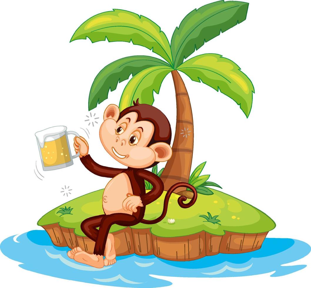 Drunk monkey cartoon character on isolated island vector