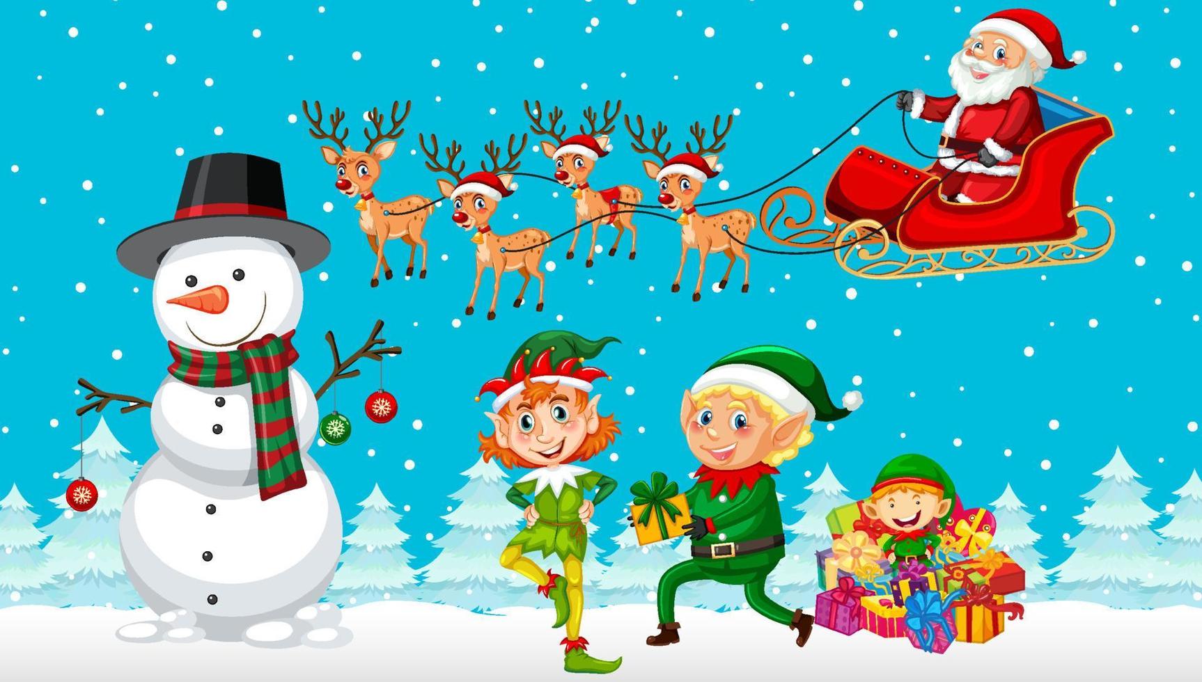 personajes de dibujos animados de navidad sobre fondo azul nevado vector