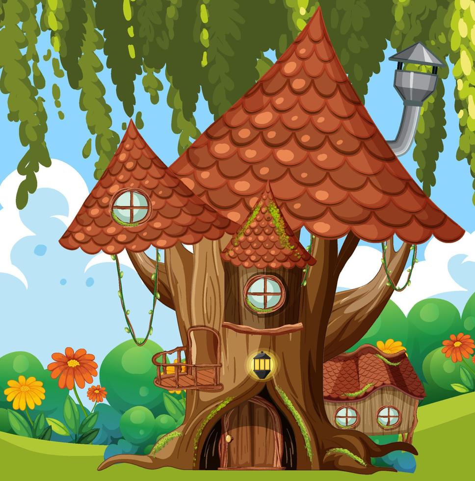 casa del árbol de hadas en la escena del bosque vector