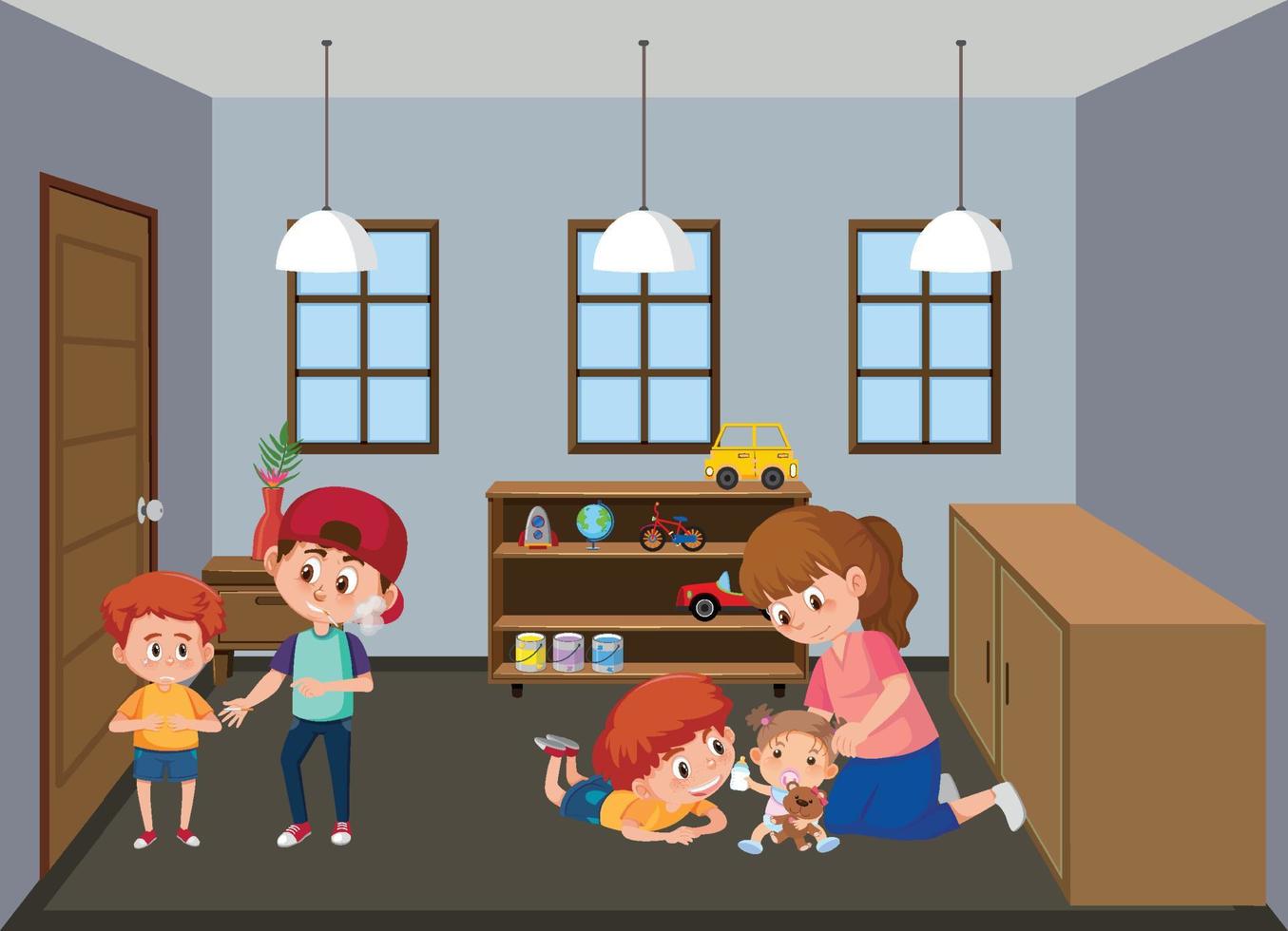 Living room scene with family members in cartoon style vector