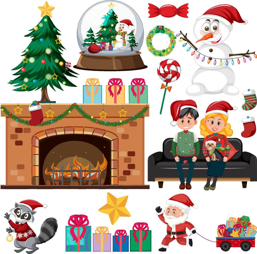 set de navidad con arbol y adornos vector