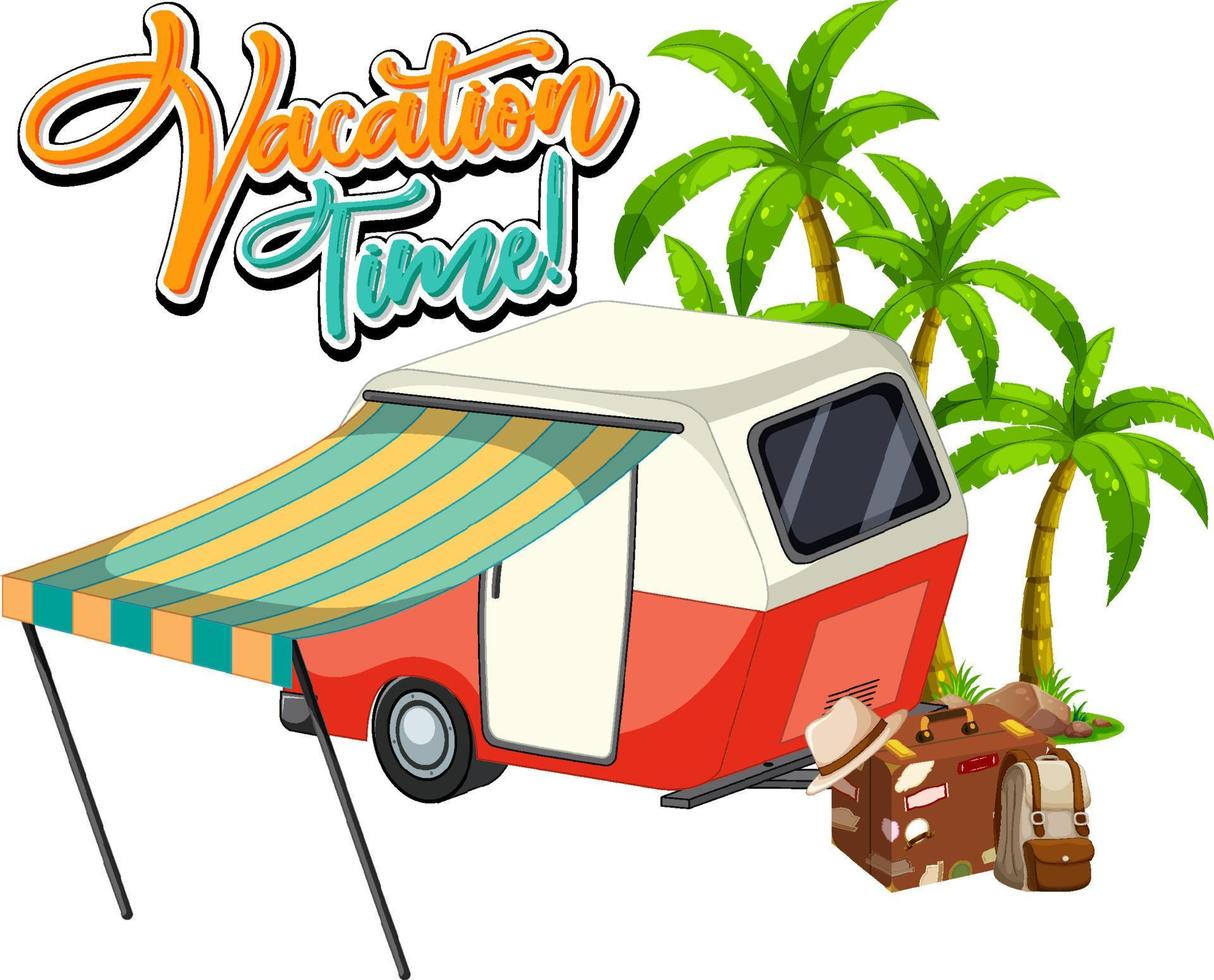 banner de icono de tiempo de vacaciones con caravana vector