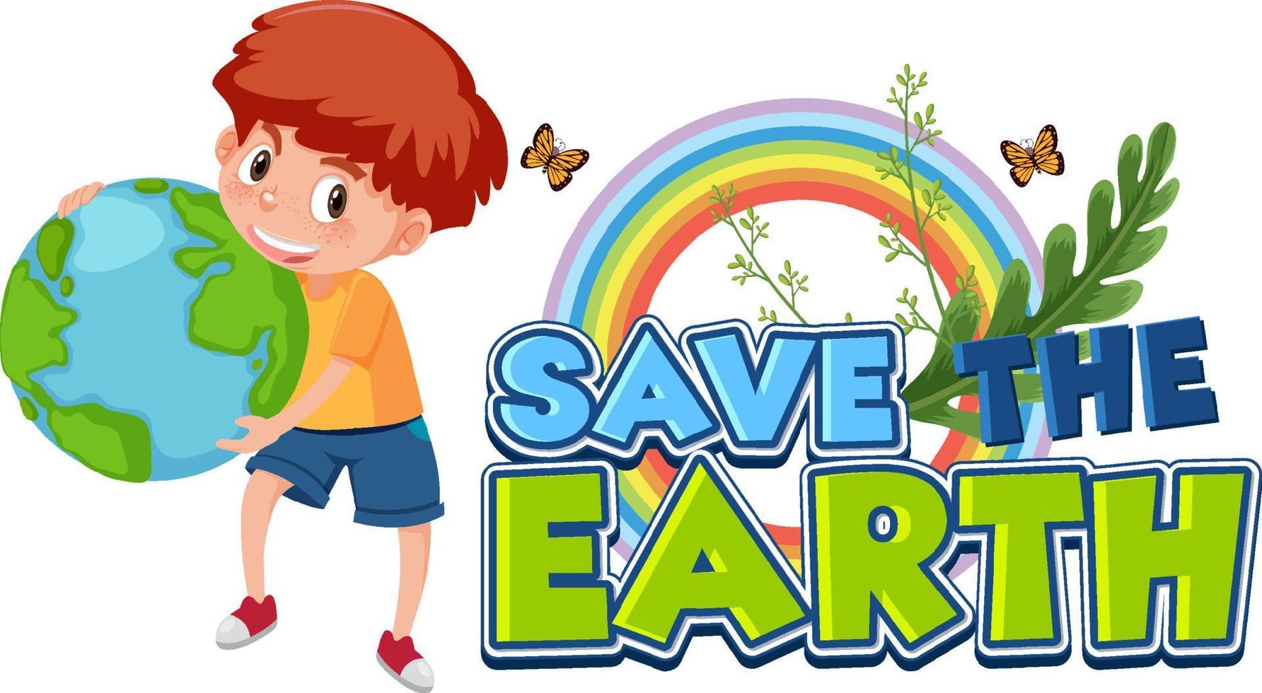 Save the earth banner with a boy holding a earth globe vector