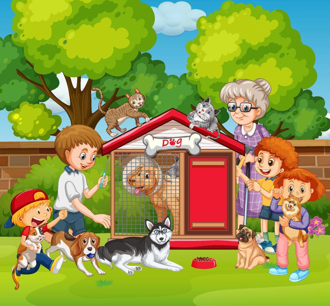Outdoor scene with children and their dogs vector