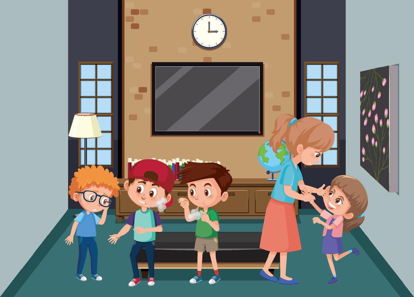 Living room scene with family members vector
