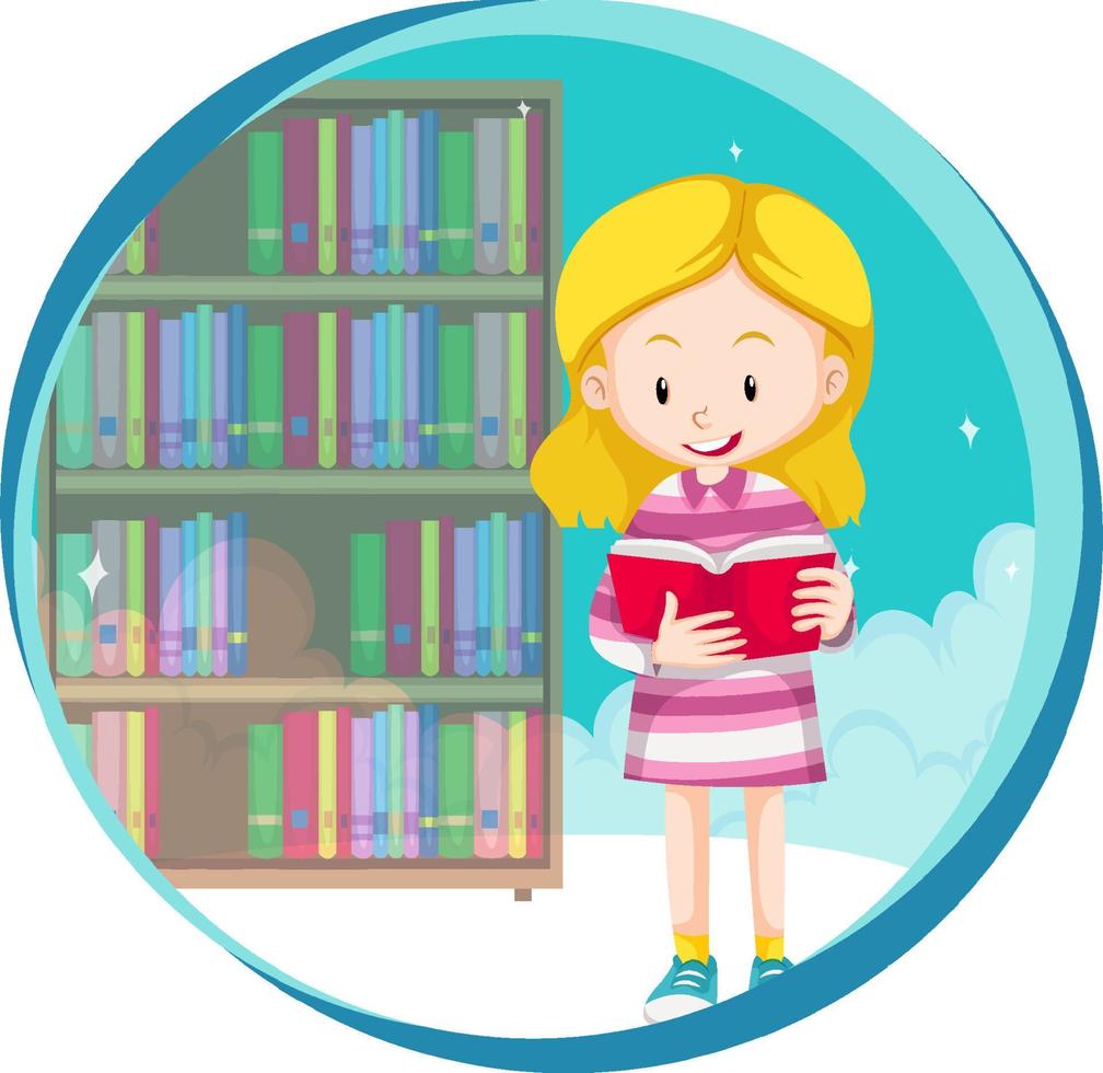 Little girl reading a book at the library on white background vector