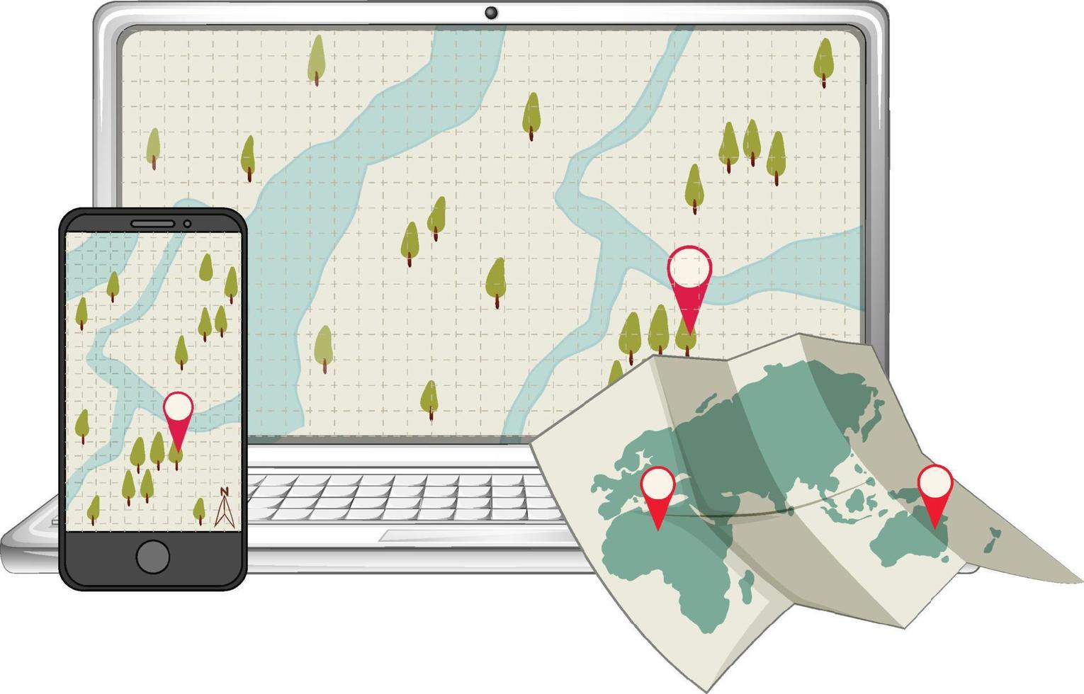 computadora portátil con ubicación de mapa y pin vector