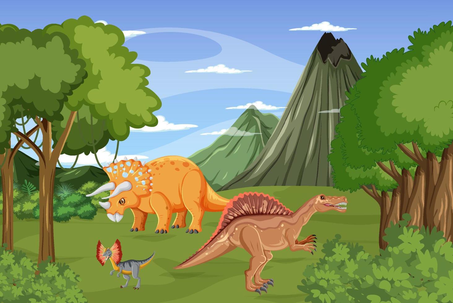 dinosaurio en la escena del bosque prehistórico vector