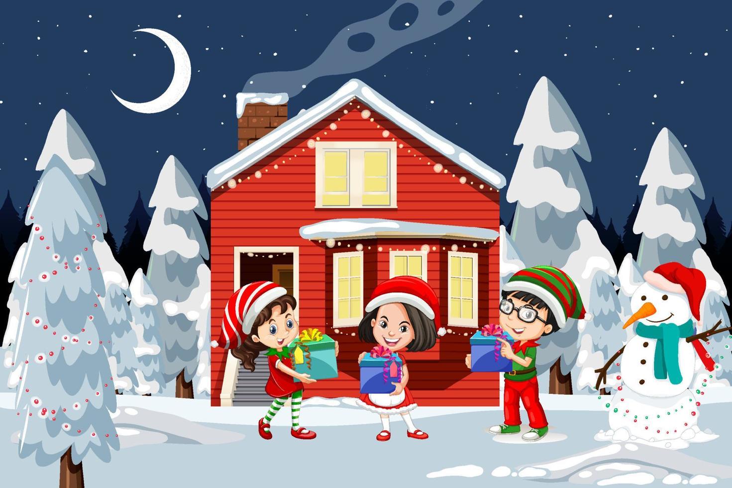 escena de invierno de navidad con niños felices y muñeco de nieve vector