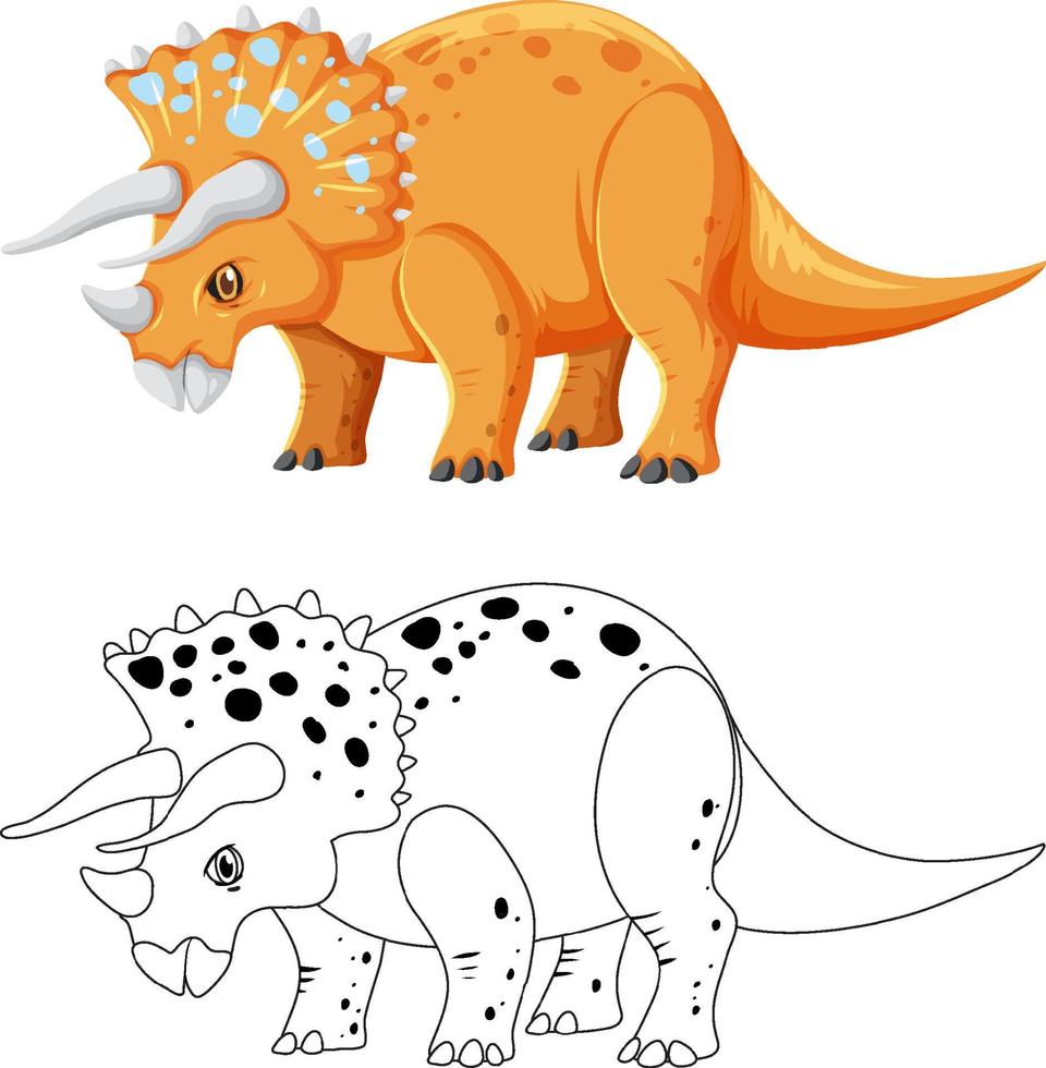 Triceratops dinosaur with its doodle outline on white background vector