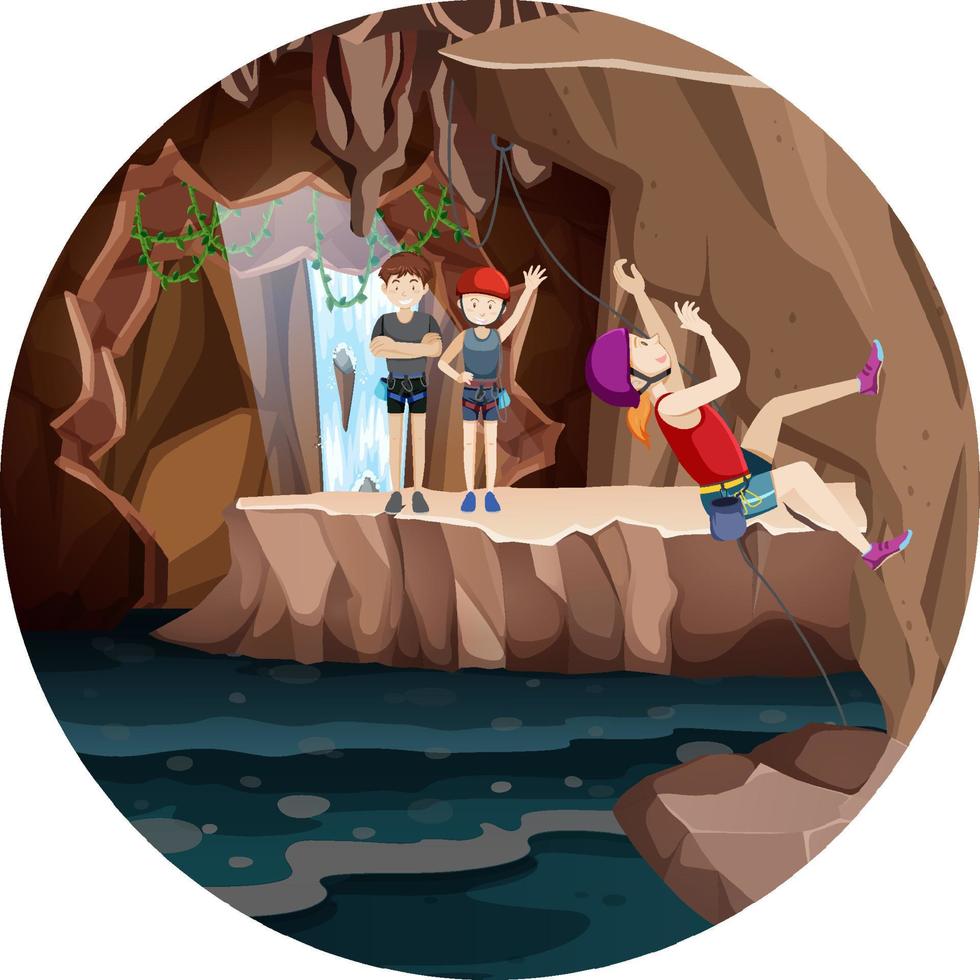 Scene with people climbing rocky moutain on circle artboard vector