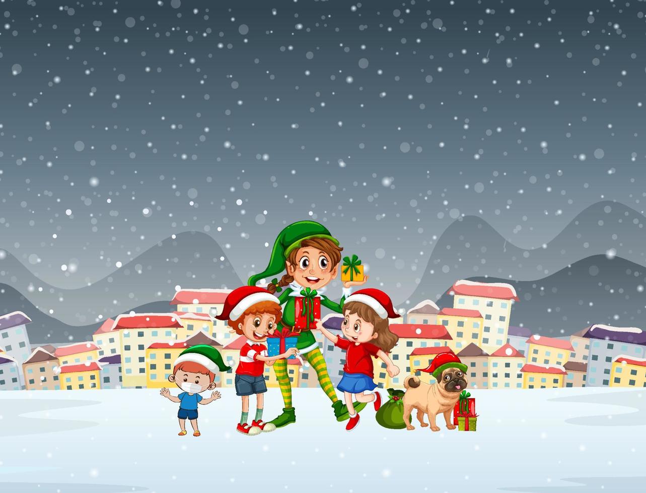 Snowy night scene with elf and dogs in cartoon style vector
