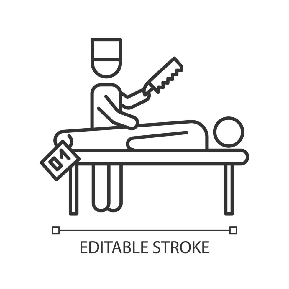 icono lineal de autopsia. desambiguación cadáver con etiqueta. cuerpo en morgue. causa de muerte procedimiento médico forense. ilustración de línea delgada. símbolo de contorno dibujo de contorno aislado vectorial. trazo editable vector