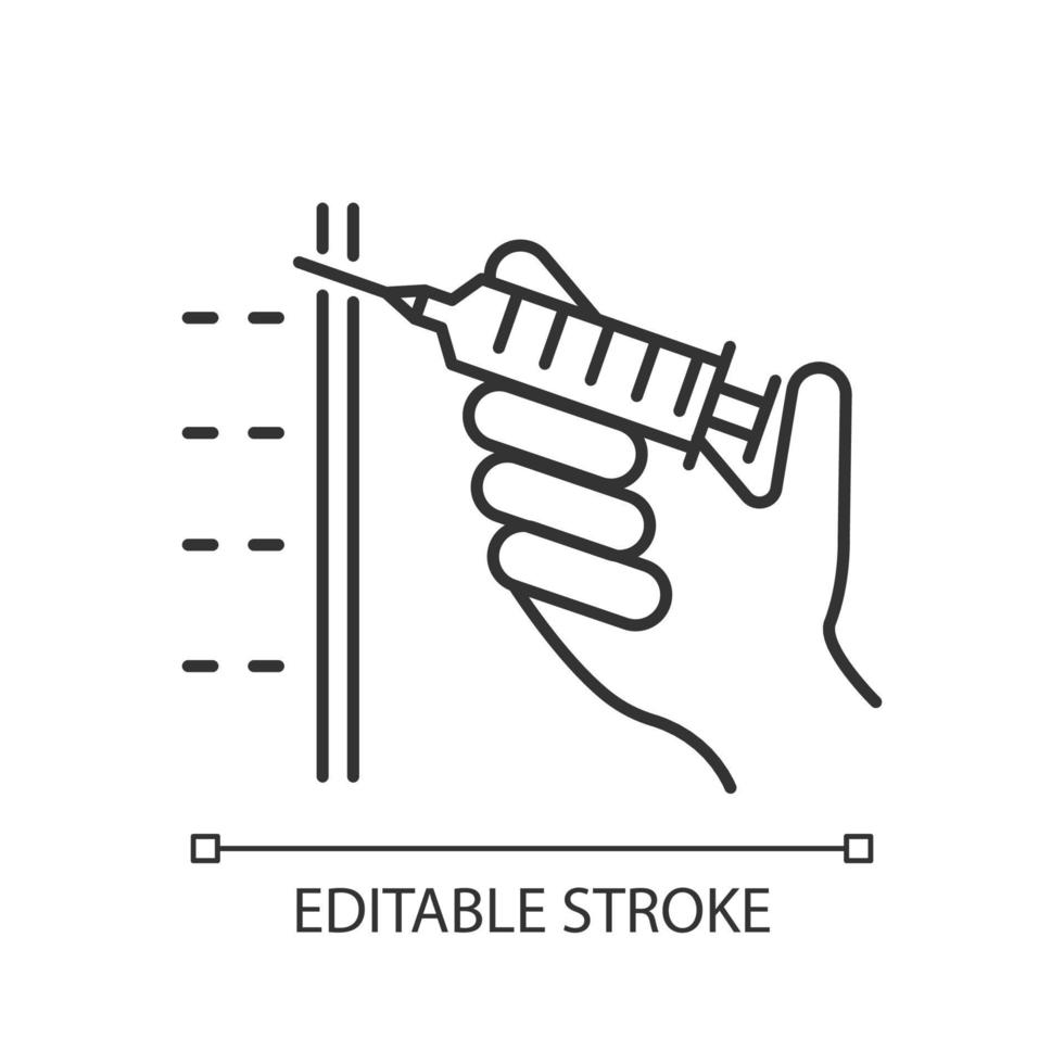 Injection linear icon. Syringe. Immunization. Medical procedure. Disease prevention. Cosmetical filler. Thin line illustration. Contour symbol. Vector isolated outline drawing. Editable stroke