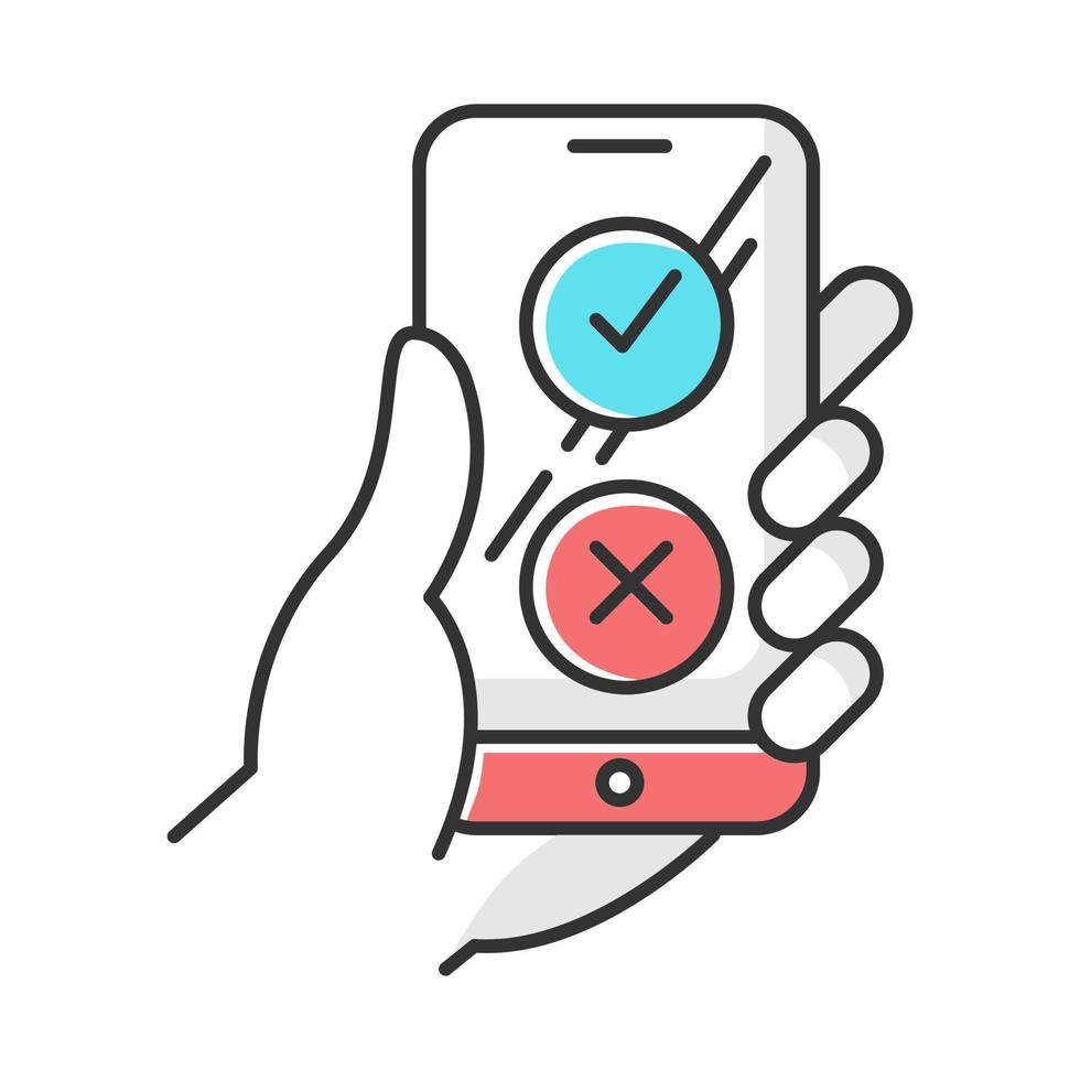 Online survey color icon. Checklist buttons on smartphone screen. Agree and disagree option. Share opinion. Correct and incorrect. Choose approve and disapprove. Isolated vector illustration