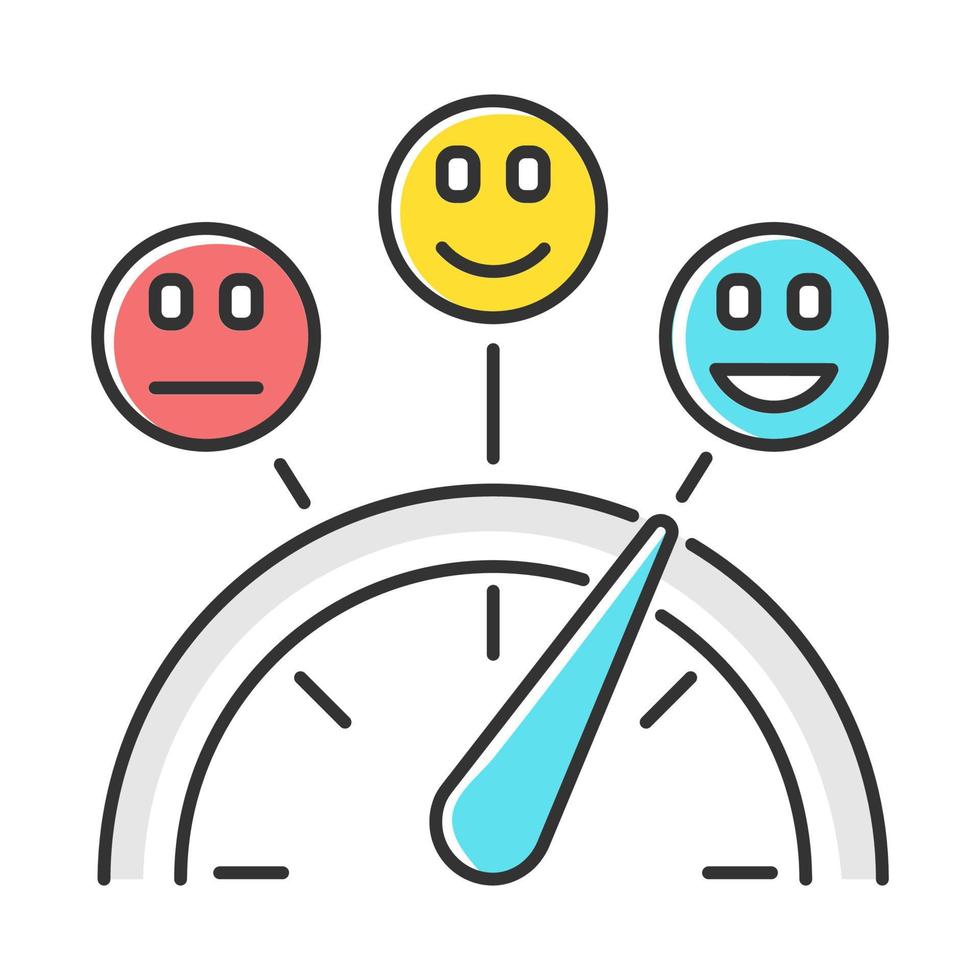 Satisfaction level color icon. Good, neutral and bad experience. Emotion meter. Positive and negative. Scale with emoticons. Score with arrow pointer. Quality gauge. Isolated vector illustration