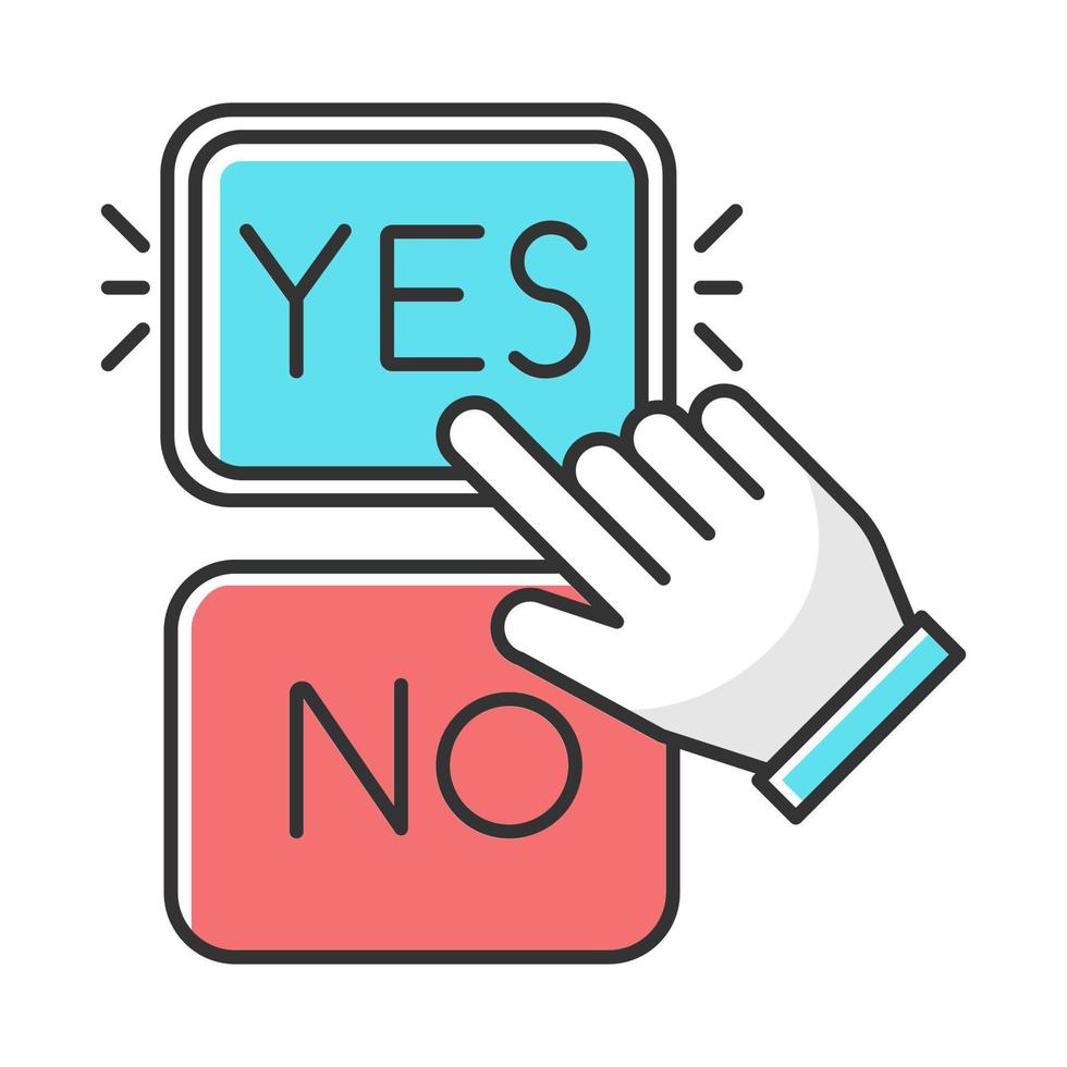 Choose option color icon. Yes and no buttons. Hand clicking option. Agree and disagree. Approve and disapprove. Picking answer. Confirm. Info collection. Feedback form. Isolated vector illustration