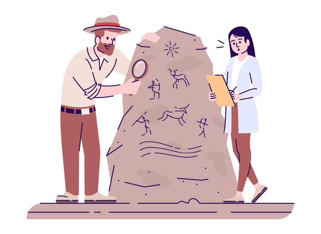 Study of cave paintings flat vector illustration. Ancient people culture researching. Man and woman analyzing drawing on stone isolated cartoon characters with outline elements on white background