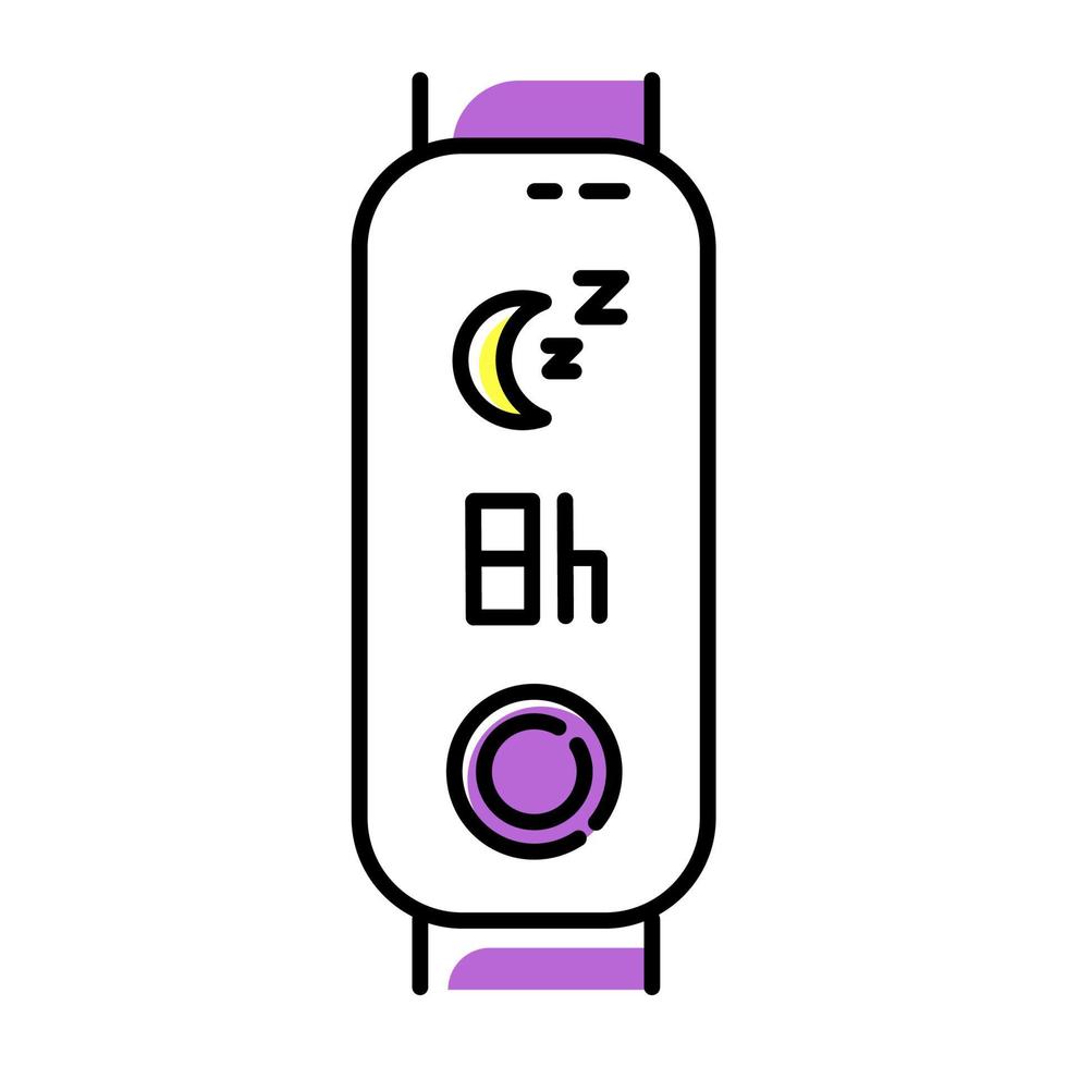 Rastreador de fitness con icono de color de indicación de tiempo de sueño. gadget de estilo de vida saludable para monitorear la duración del descanso nocturno. dispositivo de bienestar con control del período de relajación. ilustración vectorial aislada vector