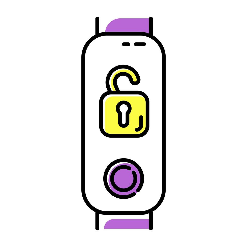 Fitness tracker with open padlock color icon. Wearable wellness device with remote unlocking function. Portable digital device with security control option. Isolated vector illustration