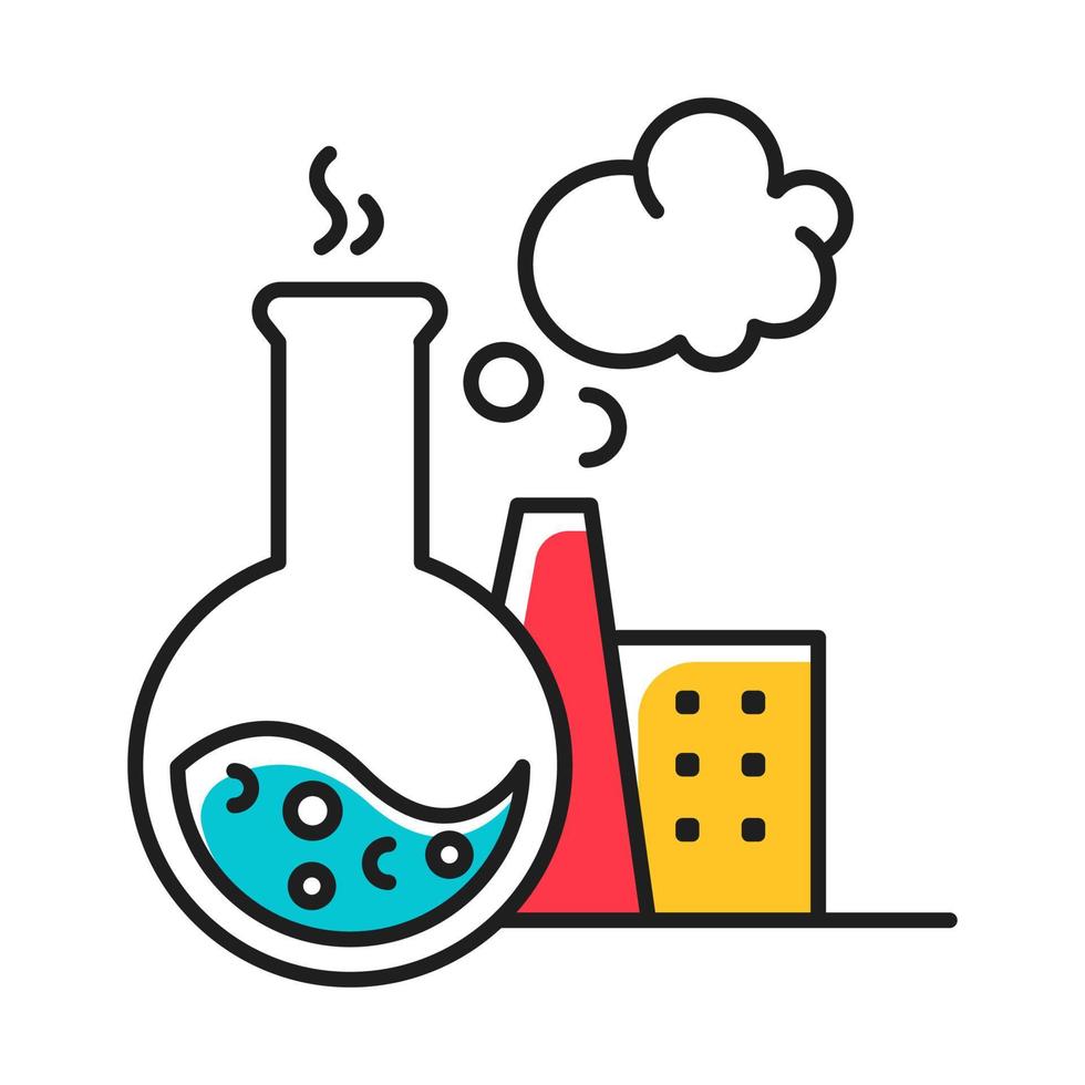 icono de color de la industria química. investigación de materiales sintéticos, producción. producción de productos químicos industriales. matraz, planta humeante. fábrica contaminante. ilustración vectorial aislada vector