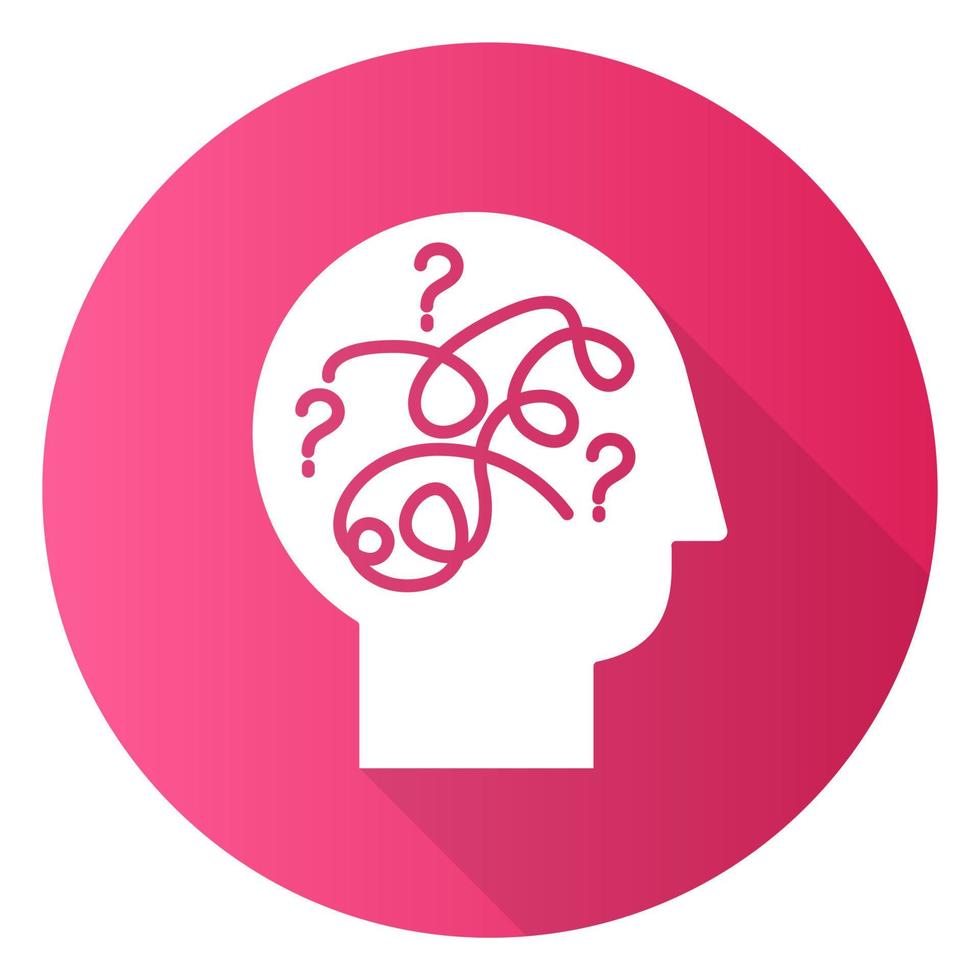 Puzzled mind pink flat design long shadow glyph icon. Mental exercise. Intelligence test. Critical thinking. Brain teaser. Logic questions. Solution finding porcess. Vector silhouette illustration