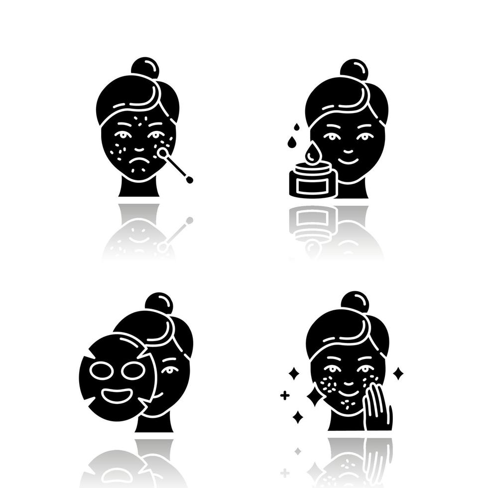 Skin care procedures drop shadow black glyph icons set. Spot treatment for blackheads. Problematic skin. Sheet cotton mask. Using beauty water. Cosmetics, makeup. Isolated vector illustrations
