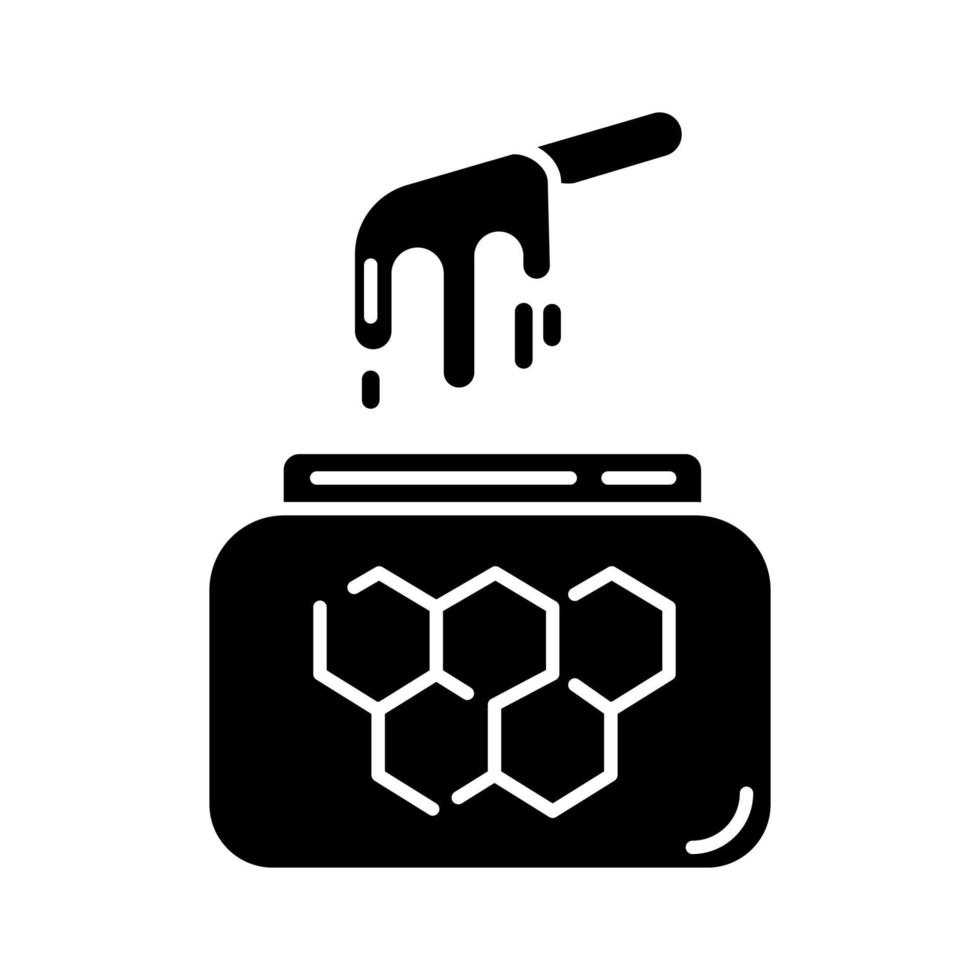Honey waxing glyph icon. Natural soft cold wax in jar with spatula. Depilation equipment. Professional beauty treatment cosmetics. Silhouette symbol. Negative space. Vector isolated illustration