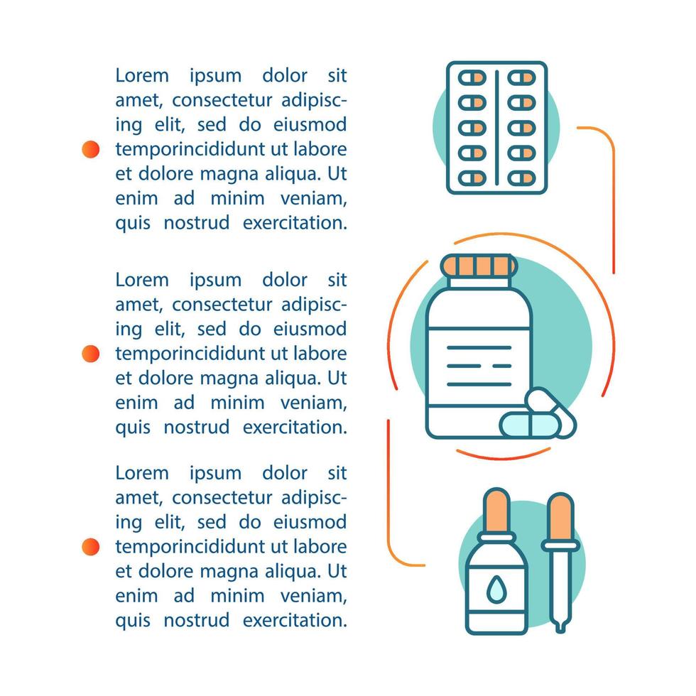 Allergy medications article page vector template. Antihistamine drugs. Brochure, magazine, booklet design element with linear icons and text boxes. Print design. Concept illustrations with text space