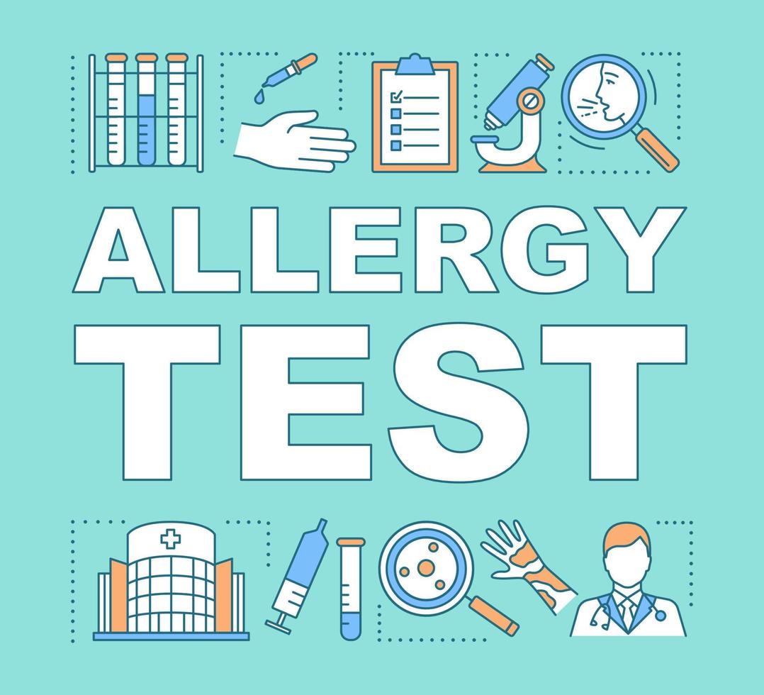 Allergy test word concepts banner. Allergic reactions diagnosis. Symptoms laboratory analysis. Presentation, website. Isolated lettering typography idea with linear icons. Vector outline illustration