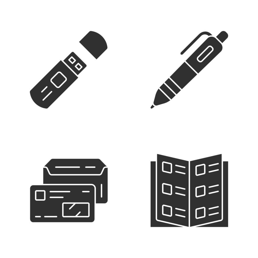 Office work attributes glyph icons set. Corporate worker kit silhouette symbols. Business accessories vector isolated illustrations. USB flash drive, pen, company catalog and envelope with id card