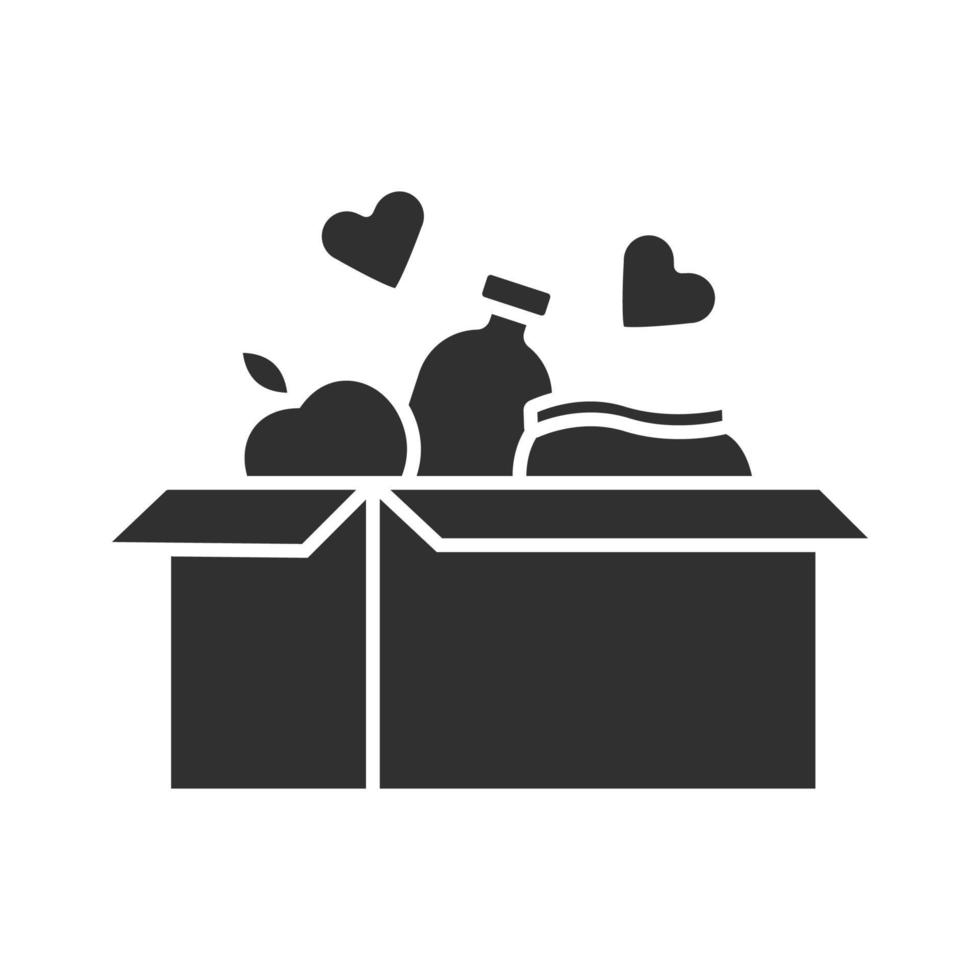 Food donations glyph icon. Charity food collection. Box with meal, hearts. Humanitarian volunteer activity. Helping people in need. Silhouette symbol. Negative space. Vector isolated illustration