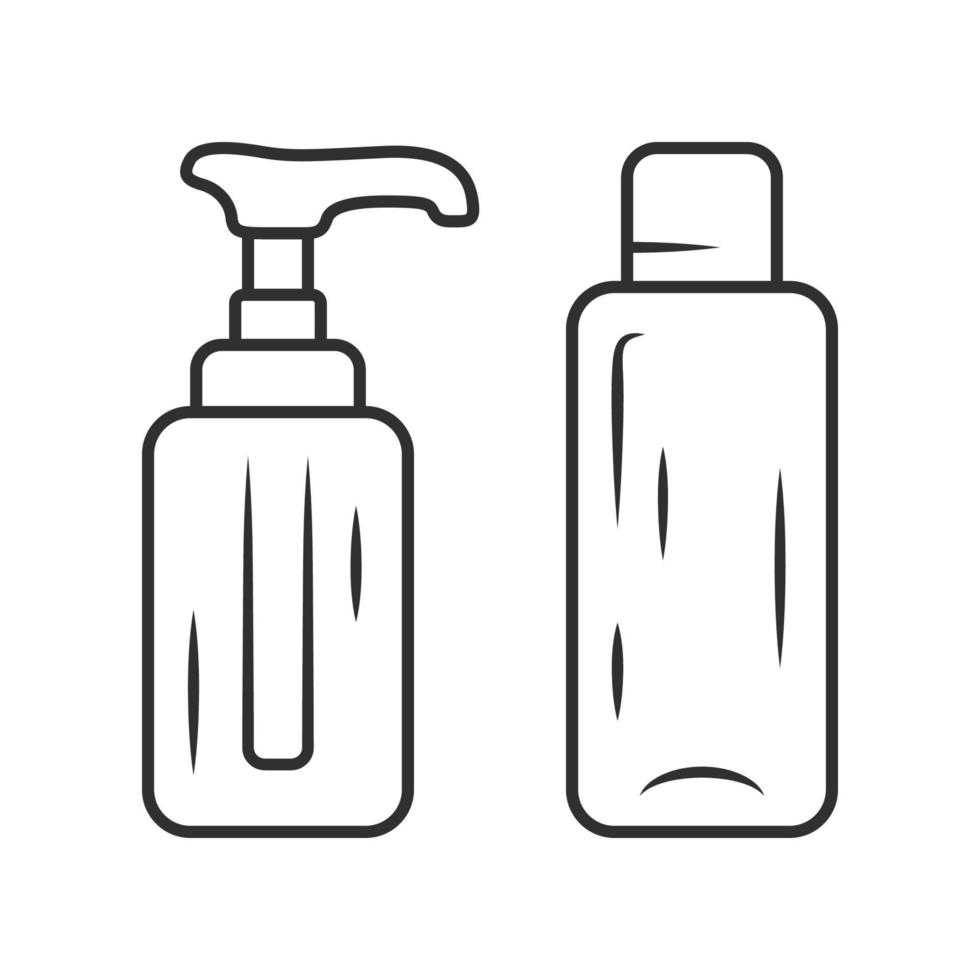 Empty reusable containers linear icon. Shampoo and soap bottles for travel. Personal hygiene, care products. Thin line illustration. Contour symbol. Vector isolated outline drawing. Editable stroke